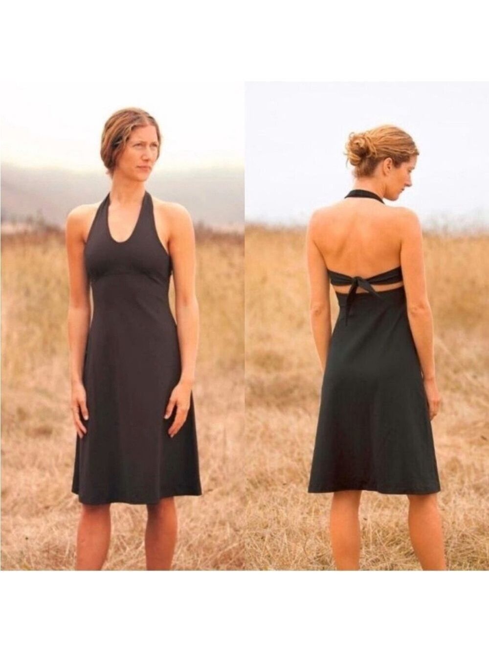 Patagonia Morning Glory Halter Black Dress Tie Logo Gorpcore Back Cutout, size S